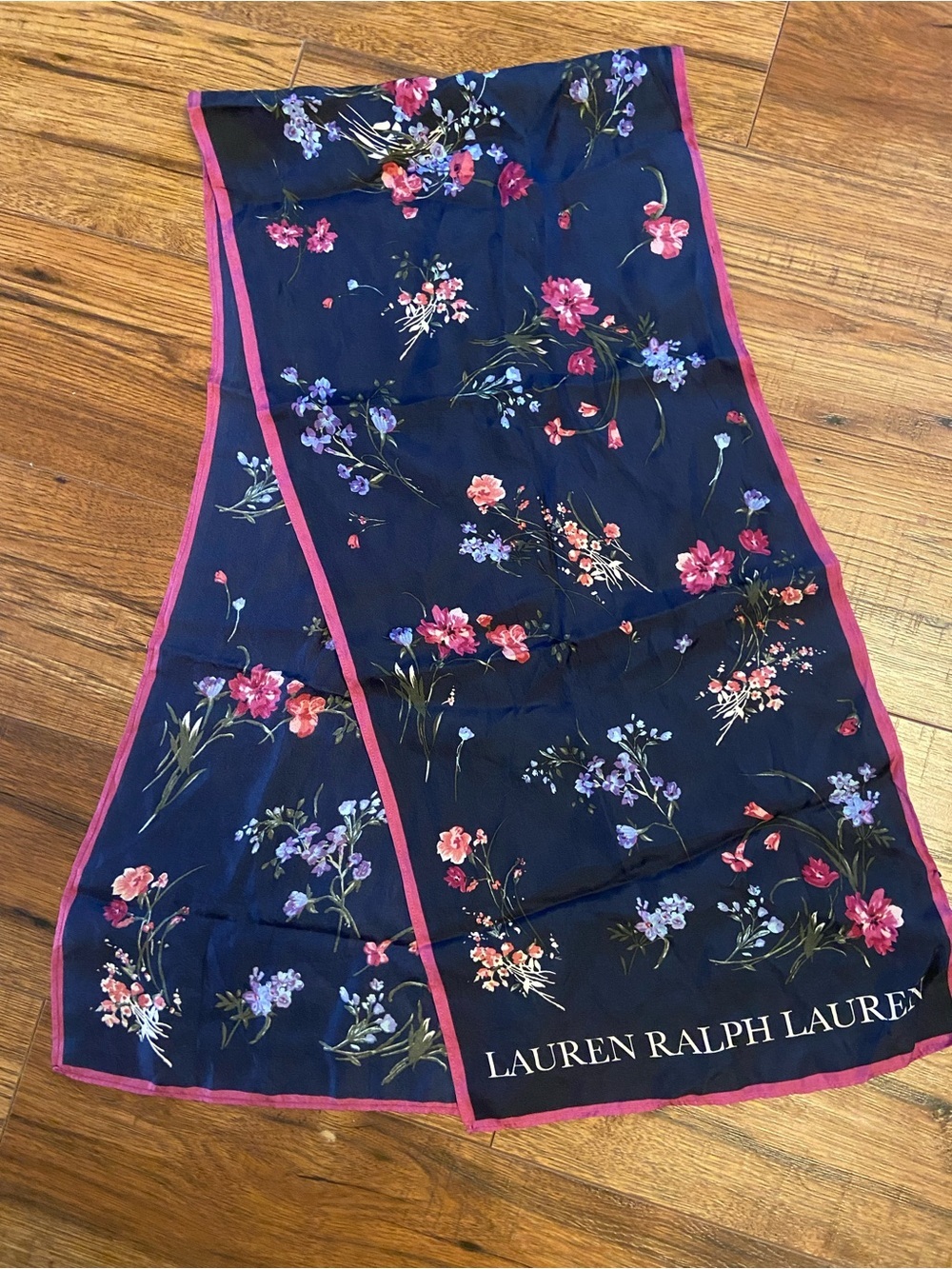 Lauren Ralph Lauren Silk Scarf Navy Floral Pink Trim “Laura” Spell Out Of Stock